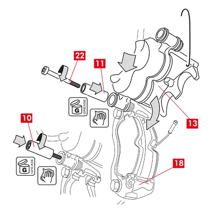 Mettre en place le corps d’étrier (point 13) en logeant une des deux douilles de guidage (point 10) dans le logement sur le support d’étrier (point 18).