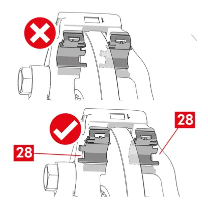 Pour les étriers de type ECS52 avec quatre ressorts, remettre en place les ressorts avec les languettes (point 28) toujours orientées vers l'extérieur du support d’étrier.  AVERTISSEMENT ! Dans le cas de plaquettes avec un côté adhésif, il faut monter des plaquettes neuves. Suivre les instructions figurant dans l’emballage des plaquettes de rechange. ATTENTION ! La plaquette avec indicateur d’usure doit être remontée dans la position occupée avant le démontage. DANGER ! Les plaquettes doivent être insérées avec le matériau de friction orienté vers le disque.