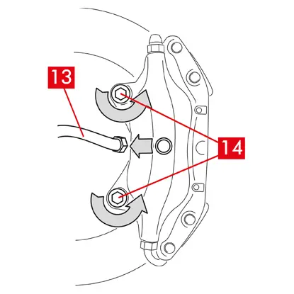 Desserrer le tuyau d’alimentation (point 13) sur l’étrier de façon à pouvoir ensuite le dévisser complètement à la main tout en évitant la fuite de liquide de frein.