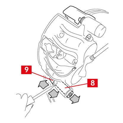 Dans le cas de douille de guidage (point 8) non intégrée, extraire la douille de guidage du support d’étrier (point 9) en faisant levier avec un tournevis dans le logement prévu.