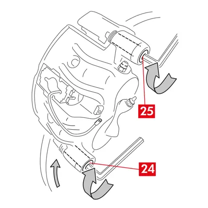 Serrer au couple la vis de fixation de la douille de guidage ou la douille de guidage intégrée (point 24) côté entrée du disque (en marche avant). Ensuite visser au même couple également l’autre vis ou douille de guidage intégrée (point 25).