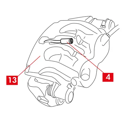 Faire passer la sonde de l’indicateur d'usure (point 4) à travers le trou prévu dans le corps d’étrier (point 13).   ATTENTION ! Refermer l’étrier avec précaution, en veillant à ce que les soufflets de protection des douilles ne subissent pas de dommages en frappant contre le support d’étrier. Si nécessaire, remplacer les soufflets.  AVERTISSEMENT ! En présence de plaquettes avec un côté adhésif, faire attention à ne pas créer de contacts entre le corps et la plaquette avant d’avoir terminé le montage du corps d’étrier. 