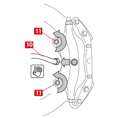Desserrer le tuyau d’alimentation (point 10) sur l’étrier de façon à pouvoir ensuite le dévisser complètement à la main tout en évitant la fuite de liquide de frein.