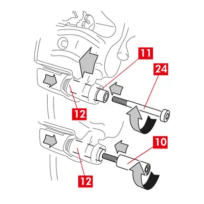 Réinsérer l’autre douille de guidage (point 10) dans le logement du support d’étrier (point 12).