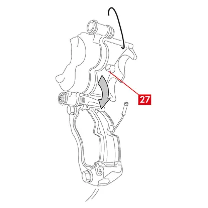 Refermer l’étrier avec précaution en faisant tourner le corps d’étrier (point 27) autour de la douille de guidage encore vissée. En présence de plaquettes avec un côté adhésif, faire attention à ne pas créer de contacts entre le corps d’étrier et la plaquette avant d’avoir terminé le montage du corps d’étrier.