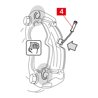 Fixer, si présente, la broche de l’indicateur d'usure (point 4) à la plaquette opposée aux pistons, en la remplaçant si nécessaire.  ATTENTION ! Lors de la fixation de la broche de l’indicateur d'usure, veiller à ce que la saillie la plus prononcée soit orientée vers la surface de friction sur la plaquette.