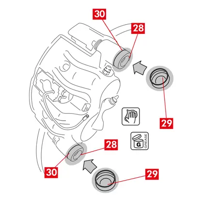 Nettoyer soigneusement les pièces (point 28) pour garantir l’étanchéité et monter de nouveaux capuchons de protection (point 29), en graissant leur surface intérieure et le logement du corps d’étrier avec la graisse incluse dans le kit de rechange.