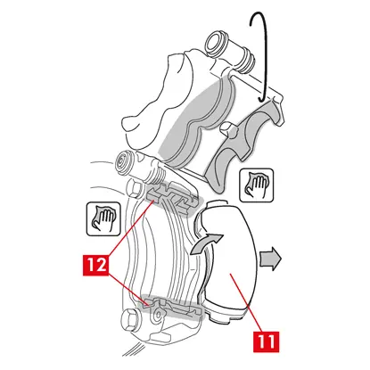 Déposer les plaquettes (point 11) et les ressorts (point 12) sans provoquer de dommages, pour pouvoir les remonter dans le nouvel étrier.