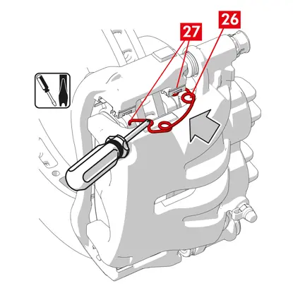 Dans le cas de ressorts anti-couple résiduel (point 26), fixer le ressort sous la garniture (point 27) de la plaquette et en utilisant un tournevis à pointe creuse, fixer l’autre plaquette sous la garniture.