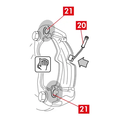 Fixer, si présente, la broche de l’indicateur d'usure (point 20) à la plaquette opposée aux pistons, en la remplaçant si nécessaire.  ATTENTION ! Lors de la fixation de la broche de l’indicateur d'usure, veiller à ce que la saillie la plus prononcée soit orientée vers la surface de friction sur la plaquette.