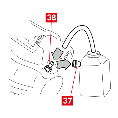 Déposer le capuchon de protection (point 37) et raccorder au bouchon de purge (point 38) sur l’étrier un tuyau transparent dont l’extrémité sera placée dans un récipient pour récupérer le liquide sortant