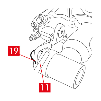 Dans le cas des étriers de type C (avec mécanisme de stationnement), rebrancher le câble (point 11) de commande de stationnement.