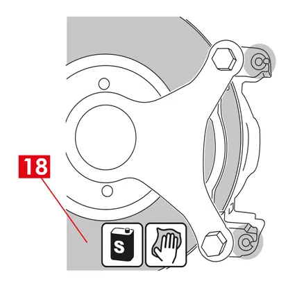 Tamponner rapidement toute fuite éventuelle de liquide de frein.  22. Garder le tuyau d'alimentation soulevé afin d’éviter toute fuite de liquide.   23. Éloigner l’étrier à remplacer.  24. Dans le cas d’étriers avec frein de stationnement intégré, débrancher le câble du frein de stationnement de son logement sur l’étrier   25. Nettoyer les pistes de freinage (point 18) du disque avec un produit dégraissant (ex. solvant SE47).