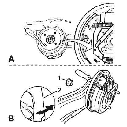 Démonter le tambour. En cas de difficulté pour desserrer les joints : Introduire un tournevis dans le trou de fixation de la roue sur le tambour et pousser le levier du frein à main en arrière. Démonter le tambour. En cas de difficulté pour desserrer les joints, introduire un tournevis dans le trou de l’obturateur (point 1 face arrière du plateau) et pousser le levier du frein à main (point 2) en arrière. 
