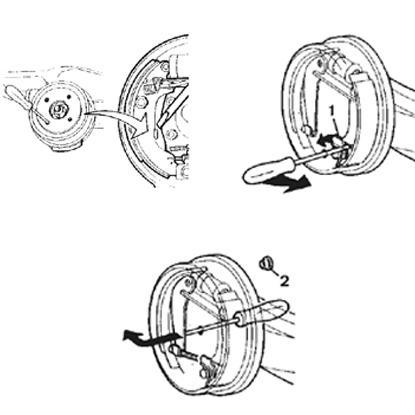 Démonter le tambour. En cas de difficulté pour desserrer les joints : Introduire un tournevis dans le trou de fixation de la roue sur le tambour et pousser le levier du frein à main en arrière. Le tambour possède un trou sur la face avant : introduire une tige dans le trou et désarmer le dispositif de rattrapage du jeu en déplaçant le cliquet (point 1) vers le bas. Le tambour ne possède pas un trou sur la face avant : introduire un tournevis dans le trou de l’obturateur (point 2 face arrière du plateau) et pousser le levier du frein à main en arrière.