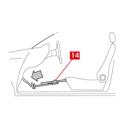 Placer une entretoise (point 14) à l’intérieur de l’habitacle entre le siège et la pédale de frein de façon que la pédale reste enfoncée pendant toute la durée des opérations.