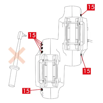ATTENTION ! Dans le cas d’étriers à double disque, démonter uniquement les vis de fixation de l’essieu. Ne pas démonter les vis (point 15) d’union des demi-étriers.