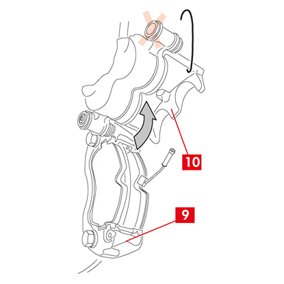 Éloigner le corps d’étrier (point 10) du support d’étrier (point 9) en le faisant tourner autour de l’autre douille de guidage jusqu’à permettre l’extraction des plaquettes du support d’étrier. Fixer à l’aide de supports adéquats le corps d’étrier au châssis du véhicule.