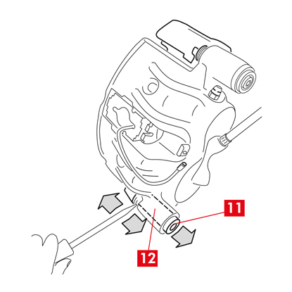 Si le remplacement concerne l’étrier de roues arrière, avec suspensions et ressorts à lames, il faut extraire les deux douilles de guidage 11 pour séparer complètement le corps d’étrier (point 13) du support d’étrier (point 12).   AVERTISSEMENT ! En présence de plaquettes collées à l’étrier, les détacher en utilisant un tournevis et en veillant à ne pas endommager les pièces éventuellement en caoutchouc de l'étrier. DANGER ! L’ouverture du corps d’étrier pourrait provoquer la projection des ressorts anti-couple résiduel.