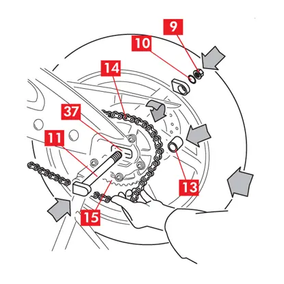 The washer and nut are replaced correctly.A lengőkarba helyezett kerék és a fogaskerékre visszahelyezett lánc.