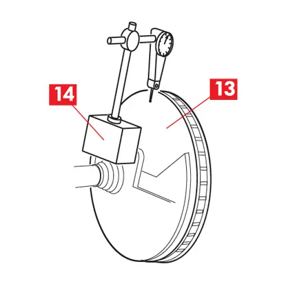 The magnetic base of the comparator is placed on the support surface of the caliper and the tip of the comparator is placed on the internal braking surface of the disc.