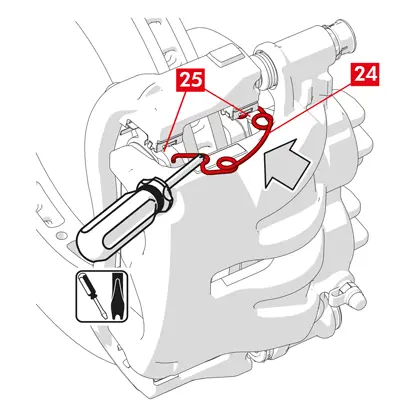  In het geval van restkoppelreducerende veren (punt 24) moet de veer onder de plaat (punt 25) van het remblok worden vastgehaakt en moet de onderkant van de plaat op het andere remblok worden gehaakt, met behulp van een schroevendraaier met holle tip.