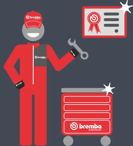 Ilustração de um mecânico Brembo Expert numa oficina