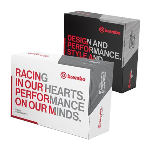Packaging of two boxes containing Brembo brake components 
