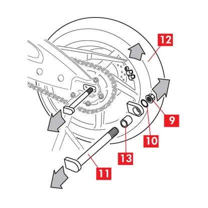 The nut, washer and spacer are removed. The pin is removed while keeping the wheel slightly raised.