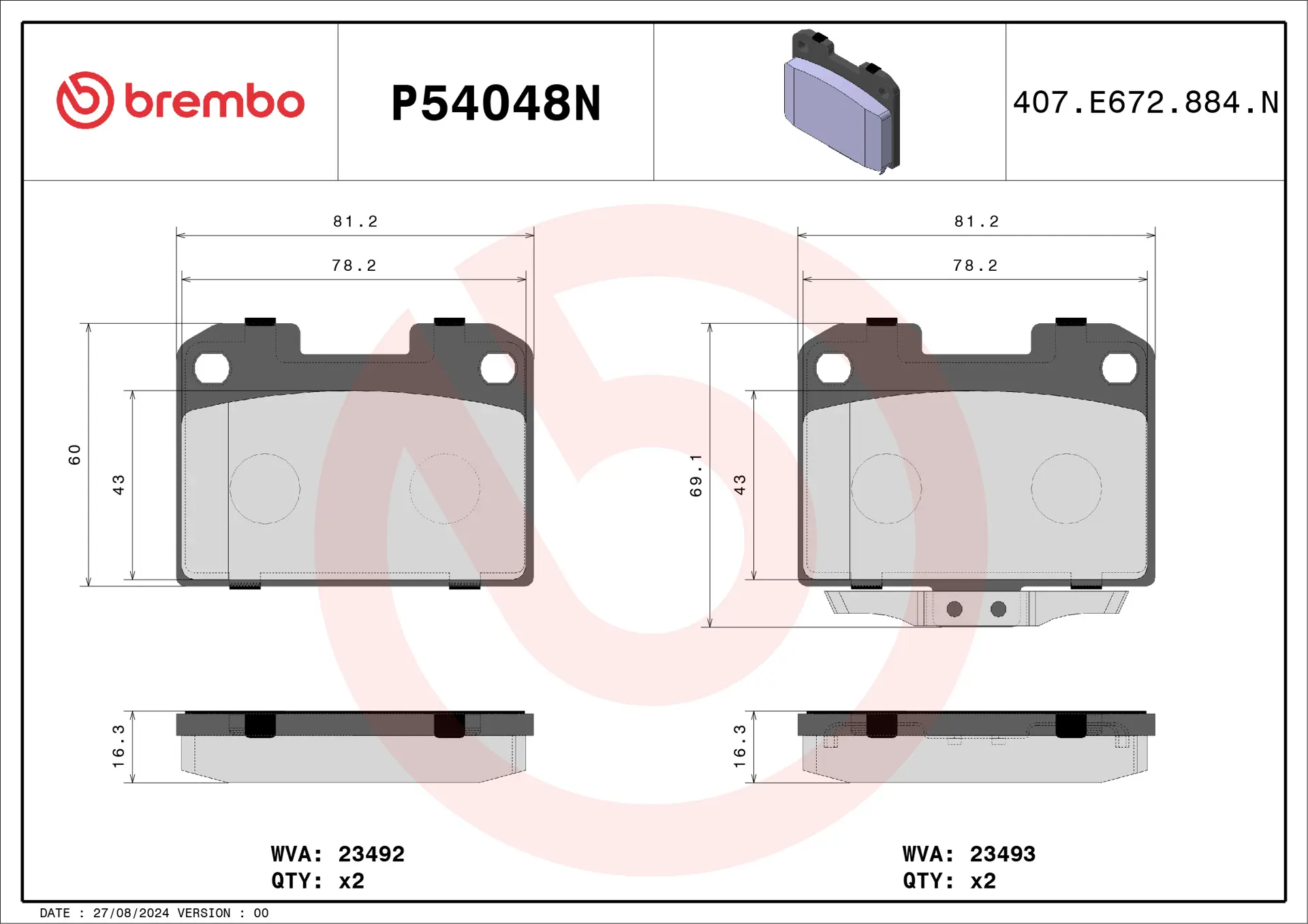 แผ่นเบรก Brembo P54048N