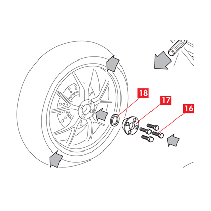将垫圈、定心环和固定螺母放回​​车轮中。
