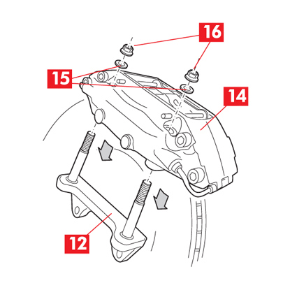 The caliper is placed on the disc. Washers and nuts are placed on each stud.